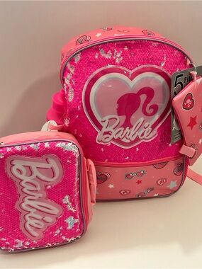 Barbie Pink Kids 5 piece Backpack with lunchbox, and water bottle NWT